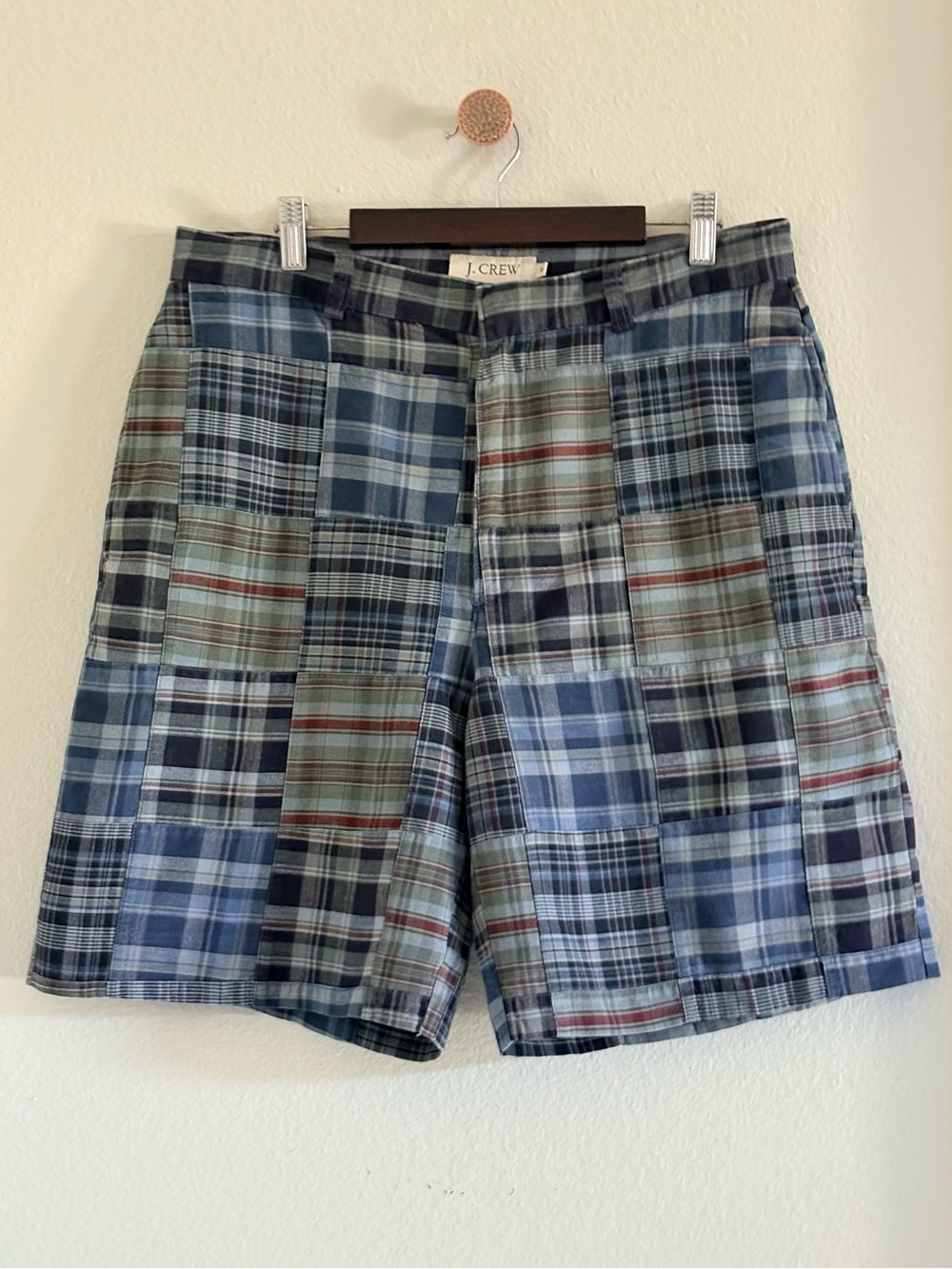 J.Crew Patchwork Madras Blue Plaid Field Flat Front 100% CottonShorts | Size 33 - Picture 1 of 4